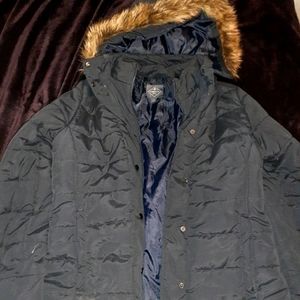 Navy blue quilted coat with detachable hood